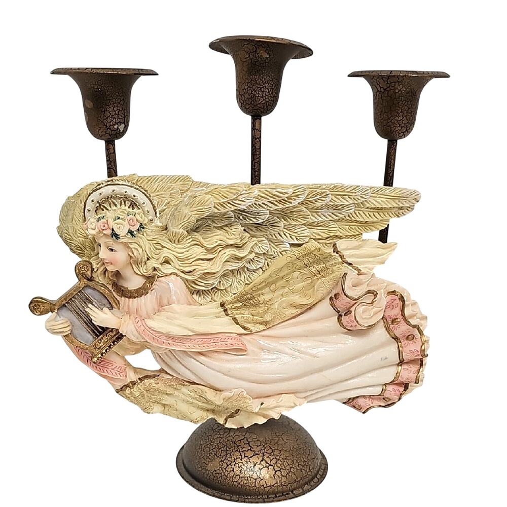 Sculpted Resin Angel w/Harp 3 Candle Candelabra with Pink and Gold Details Metal